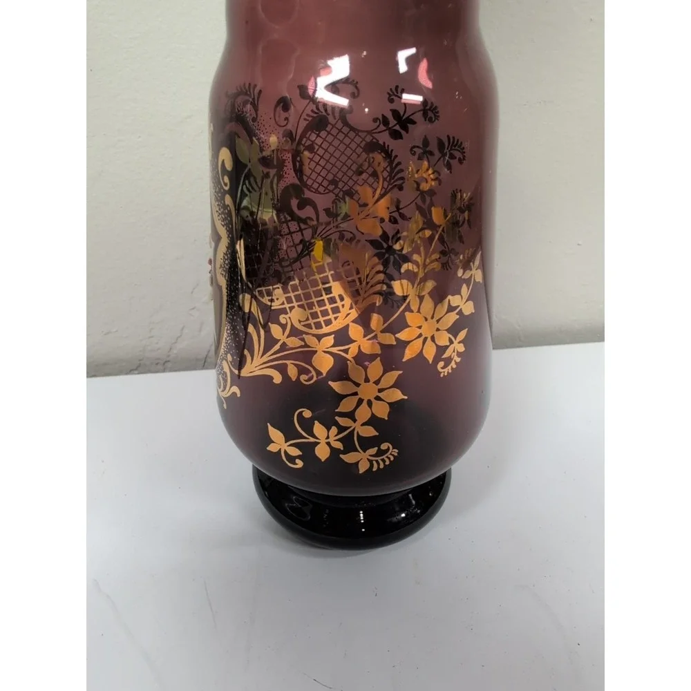 Vtg Purple‎ Amethyst Bohemian Czech Glass Hand Painted Floral 11in